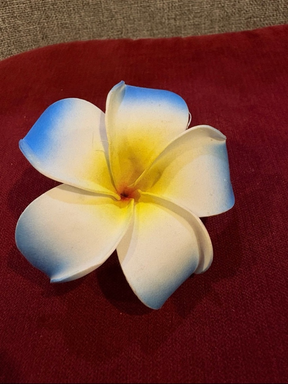 Pre Own A Blue, White and Yellow Plumeria Foam Hair Clip-Around 4”